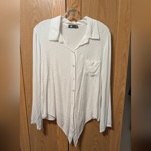 White Button-Up Blouse with Geometric Pattern